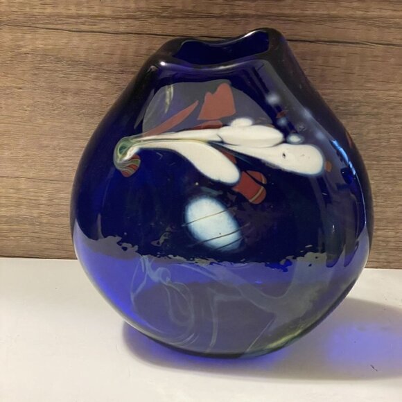 Loren Chapman Vintage Signed Cobalt Blue Blown Glass Swirl Freeform Vase 1983 - Picture 1 of 9